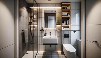 ai généré une petit salle de bains conçu dans une moderne style. le espace est compact encore efficacement arrangé. il Caractéristiques une petit, suspendu au mur vanité avec une lisse bassin photo