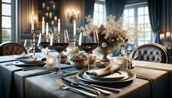 ai généré une raffiné dîner réglage avec deux des lunettes de rouge vin, ensemble sur une table avec bien vaisselle et une floral pièce maîtresse, dans une luxueux à manger environnement photo