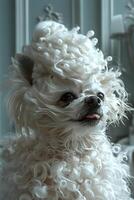 ai généré jouet chien avec une perruque caniche avec blanc cheveux couvrant ses museau photo