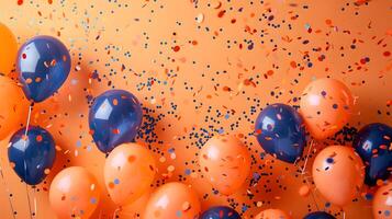 ai généré coloré Orange et bleu des ballons et confettis sur ambre Contexte photo