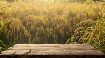 ai généré en bois table dans devant, riz champ derrière, Naturel paysage photo