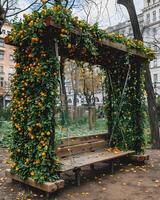 ai généré une en bois banc est niché au milieu de fleurs et feuilles dans une parc photo