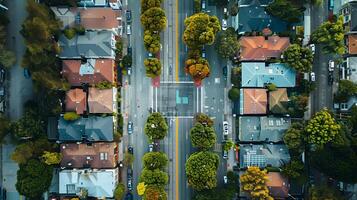 ai généré aérien vue de une rue avec Maisons, des arbres, et bâtiments photo