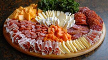 ai généré astucieusement arrangé charcuterie planche avec assorti les fromages, viandes, des fruits, des noisettes, et apéritifs photo