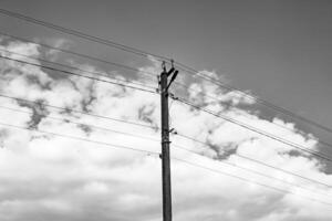 Puissance électrique pôle avec ligne câble sur foncé Contexte proche en haut photo