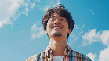 ai généré souriant homme portant une vérifié chemise sur bleu ciel. asiatique, Chinois, Japonais, coréen, Asie, Japon, Corée, Chine, homme, personne, sourire, content, portrait, affronter, amusant, nuage, vent, Beau photo