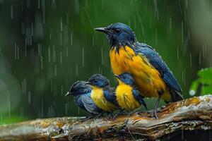 ai généré coloré oiseau mère et fils en dessous de le pluie photo