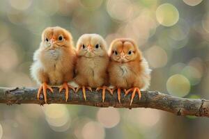 ai généré poulet bébé groupe de animaux pendaison en dehors sur une bifurquer, mignon, souriant, adorable photo