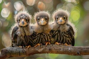 ai généré Aigle bébé groupe de animaux pendaison en dehors sur une bifurquer, mignon, souriant, adorable photo