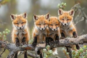 ai généré Renard bébé groupe de animaux pendaison en dehors sur une bifurquer, mignon, souriant, adorable photo