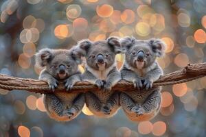 ai généré koala bébé groupe de animaux pendaison en dehors sur une bifurquer, mignon, souriant, adorable photo