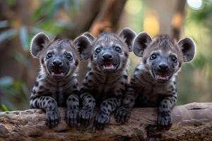 ai généré hyène bébé groupe de animaux pendaison en dehors sur une bifurquer, mignon, souriant, adorable photo