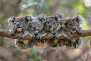 ai généré koala bébé groupe de animaux pendaison en dehors sur une bifurquer, mignon, souriant, adorable photo
