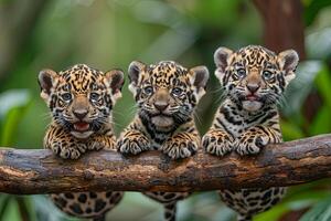 ai généré jaguar bébé groupe de animaux pendaison en dehors sur une bifurquer, mignon, souriant, adorable photo