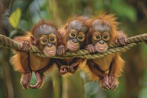 ai généré orang utan singe bébé groupe de animaux pendaison en dehors sur une bifurquer, mignon, souriant, adorable photo