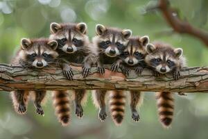 ai généré raton laveur bébé groupe de animaux pendaison en dehors sur une bifurquer, mignon, souriant, adorable photo