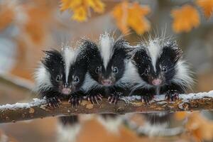 ai généré moufette bébé groupe de animaux pendaison en dehors sur une bifurquer, mignon, souriant, adorable photo