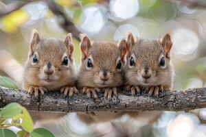 ai généré écureuil bébé groupe de animaux pendaison en dehors sur une bifurquer, mignon, souriant, adorable photo