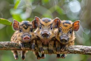 ai généré sauvage sanglier bébé groupe de animaux pendaison en dehors sur une bifurquer, mignon, souriant, adorable photo