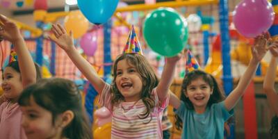 ai généré une groupe de Jeune les filles sont en portant des ballons dans leur mains à une anniversaire fête photo