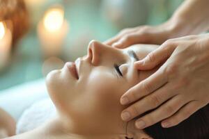 ai généré femme recevoir une relaxant tête massage à le spa photo