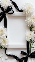 ai généré blanc fleur bouquet avec noir rubans dans une blanc Cadre photo