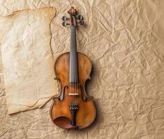 ai généré ancien violon repose sur froissé papier, une magnifique bois chaîne instrument photo