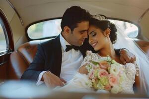 ai généré la mariée et jeune marié dans formel porter séance dans voiture, partage sourit photo