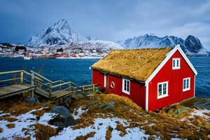 traditionnel rouge rorbu maison dans reine village sur lofoten îles, photo