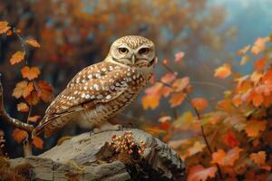 ai généré peu hibou dans le l'automne forêt. photo