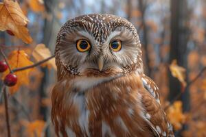 ai généré portrait de un hibou sur le Contexte de l'automne feuilles dans le forêt photo