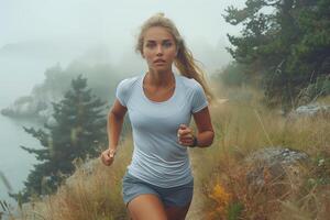 ai généré Piste en cours d'exécution. Jeune femme le jogging sur Montagne Piste dans brumeux Matin. en bonne santé mode de vie et aptitude concept. photo