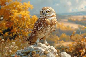 ai généré peu hibou athene noctua est assis sur une Roche dans le l'automne forêt photo