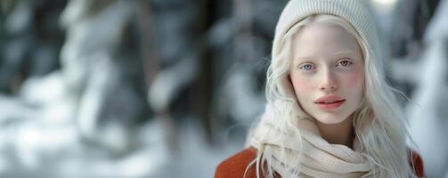 ai généré portrait de une magnifique Jeune blond fille dans une blanc chapeau dans le hiver forêt photo