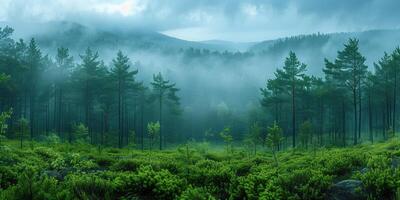 ai généré clairière de brumeux Montagne forêt dans le matin, magnifique la nature paysage. photo