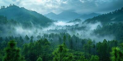 ai généré panoramique vue de brumeux et brumeux forêt dans le montagnes photo