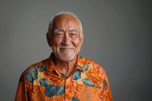 ai généré portrait de souriant Sénior asiatique homme sur une solide gris Contexte photo