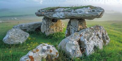 ai généré ancien mégalithique dolmen sur une brumeux Matin dans une Prairie photo