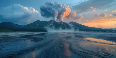 ai généré vue de un éclater volcan de une vallée avec géothermie ressorts photo