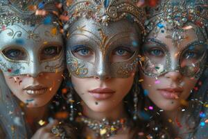 ai généré Trois magnifique femmes dans une mystérieux vénitien masque photo