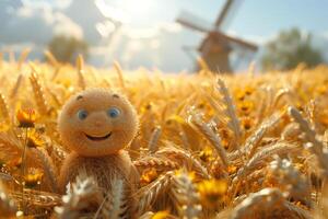 ai généré une de bonne humeur dessin animé ensoleillé personnage dans une champ avec blé et une moulin. 3d illustration photo