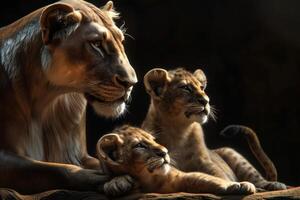 ai généré le Lion famille sur une noir Contexte photo