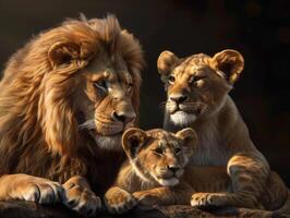 ai généré le Lion famille sur une noir Contexte photo