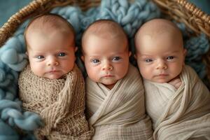 ai généré Trois nouveau née les enfants . photo tirer de nouveau née bébés