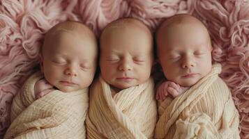 ai généré Trois nouveau née les enfants . photo tirer de nouveau née bébés