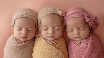 ai généré Trois nouveau née les enfants . photo tirer de nouveau née bébés