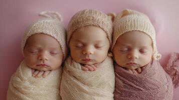ai généré Trois nouveau née les enfants . photo tirer de nouveau née bébés