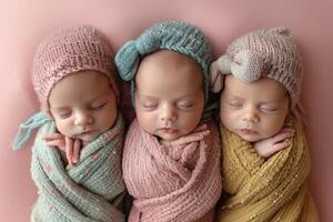 ai généré Trois nouveau née les enfants . photo tirer de nouveau née bébés