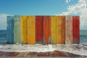 ai généré coloré en bois planches sur le plage par le mer photo