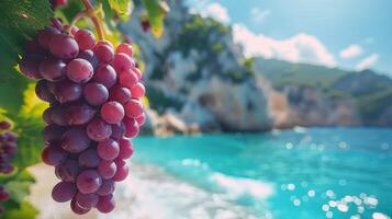 ai généré une bouquet de les raisins sur le Contexte de une ensoleillé mer. mûr les raisins photo